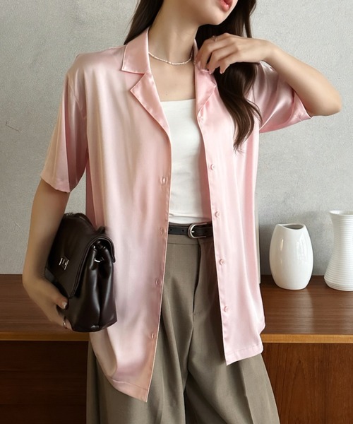 Eclat one(エクラワン)の「【Eclat one】 サテン ライク 開襟 ゆるっと シャツ(シャツ/ブラウス・レディース・ピンク/ブラック/アイボリー・FREE)」の19枚目の写真