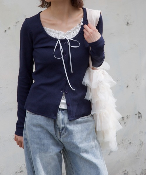 Nia（ニア）の「Nia(ニア)/レースインナードッキングカットソー（Tシャツ/カットソー・レディース・ライトブルー/グレー/イエロー/ネイビー/ホワイト・FREE）」の7枚目の写真