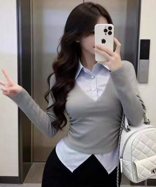 gossip!ロサンゼルス(ゴシップロサンゼルス)の「ニットレイヤリング ステンカラーシャツ(シャツ/ブラウス・レディース・グレー/ネイビー/ホワイト・FREE)」の13枚目の写真