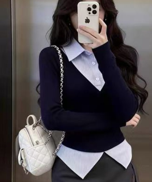 gossip!ロサンゼルス(ゴシップロサンゼルス)の「ニットレイヤリング ステンカラーシャツ(シャツ/ブラウス・レディース・グレー/ネイビー/ホワイト・FREE)」の21枚目の写真