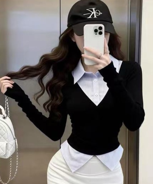 gossip!ロサンゼルス(ゴシップロサンゼルス)の「ニットレイヤリング ステンカラーシャツ(シャツ/ブラウス・レディース・グレー/ネイビー/ホワイト・FREE)」の16枚目の写真
