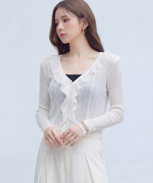DRESS PLUS(ドレスプラス)の「フリル&パールが可愛いシアーリブカーデ(カーディガン/ボレロ・レディース・イエロー/ホワイト/アイボリー/ブラック/ブルー・M)」の1枚目の写真