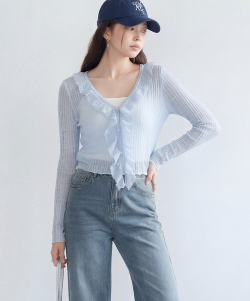 DRESS PLUS(ドレスプラス)の「フリル&パールが可愛いシアーリブカーデ(カーディガン/ボレロ・レディース・イエロー/ホワイト/アイボリー/ブラック/ブルー・M)」の4枚目の写真