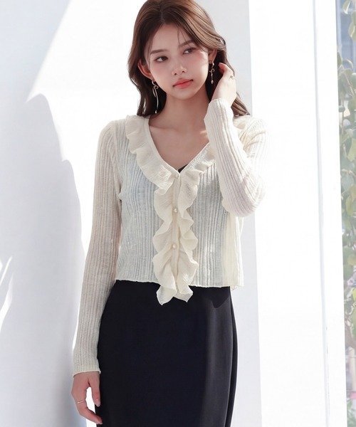 DRESS PLUS(ドレスプラス)の「フリル&パールが可愛いシアーリブカーデ(カーディガン/ボレロ・レディース・イエロー/ホワイト/アイボリー/ブラック/ブルー・M)」の2枚目の写真