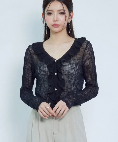 DRESS PLUS(ドレスプラス)の「フリル&パールが可愛いシアーリブカーデ(カーディガン/ボレロ・レディース・イエロー/ホワイト/アイボリー/ブラック/ブルー・M)」の3枚目の写真