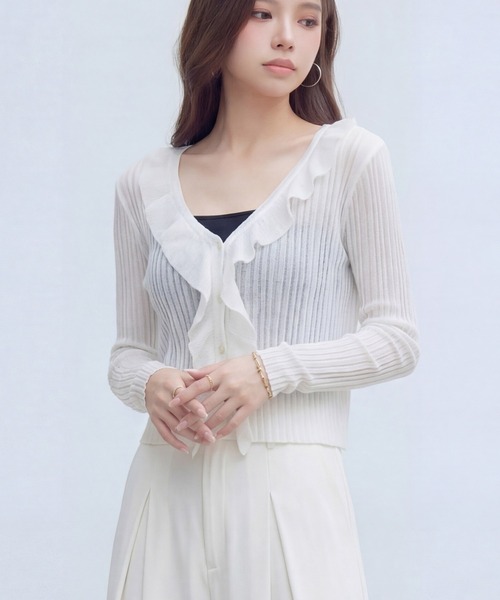 DRESS PLUS(ドレスプラス)の「フリル&パールが可愛いシアーリブカーデ(カーディガン/ボレロ・レディース・イエロー/ホワイト/アイボリー/ブラック/ブルー・M)」の9枚目の写真