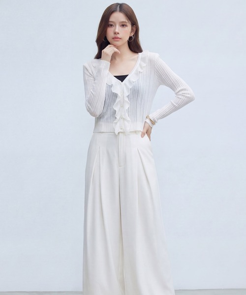 DRESS PLUS(ドレスプラス)の「フリル&パールが可愛いシアーリブカーデ(カーディガン/ボレロ・レディース・イエロー/ホワイト/アイボリー/ブラック/ブルー・M)」の10枚目の写真