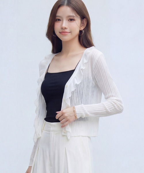DRESS PLUS(ドレスプラス)の「フリル&パールが可愛いシアーリブカーデ(カーディガン/ボレロ・レディース・イエロー/ホワイト/アイボリー/ブラック/ブルー・M)」の12枚目の写真
