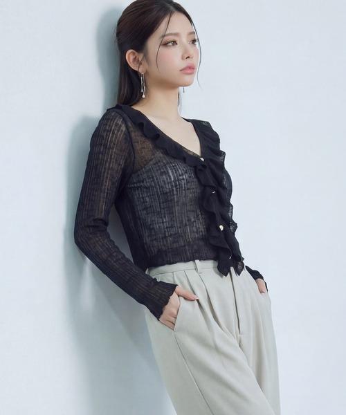 DRESS PLUS(ドレスプラス)の「フリル&パールが可愛いシアーリブカーデ(カーディガン/ボレロ・レディース・イエロー/ホワイト/アイボリー/ブラック/ブルー・M)」の16枚目の写真