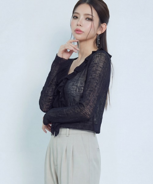 DRESS PLUS(ドレスプラス)の「フリル&パールが可愛いシアーリブカーデ(カーディガン/ボレロ・レディース・イエロー/ホワイト/アイボリー/ブラック/ブルー・M)」の18枚目の写真
