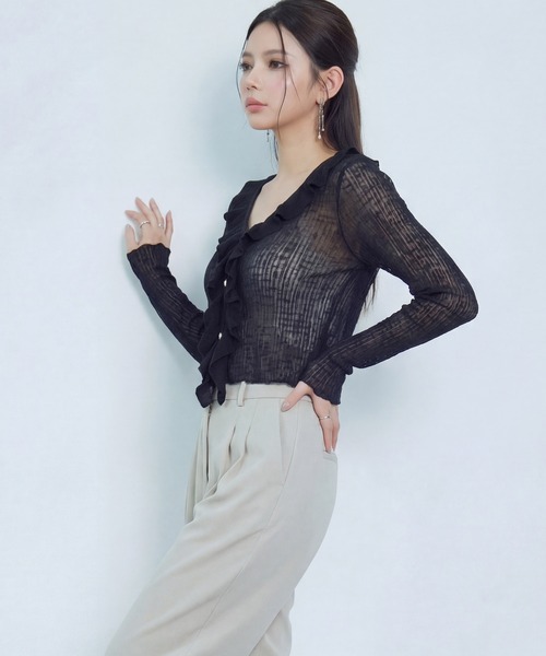 DRESS PLUS(ドレスプラス)の「フリル&パールが可愛いシアーリブカーデ(カーディガン/ボレロ・レディース・イエロー/ホワイト/アイボリー/ブラック/ブルー・M)」の19枚目の写真