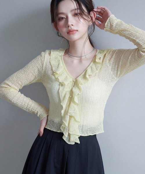 DRESS PLUS(ドレスプラス)の「フリル&パールが可愛いシアーリブカーデ(カーディガン/ボレロ・レディース・イエロー/ホワイト/アイボリー/ブラック/ブルー・M)」の22枚目の写真