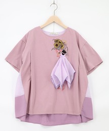 iS ScoLar | 562209:ストライプ×シフォン×天竺 異素材刺繍Tシャツ(Tシャツ/カットソー)