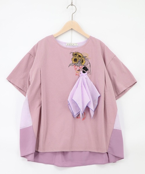 iS ScoLar(イズスカラー)の「562209:ストライプ×シフォン×天竺 異素材刺繍Tシャツ(Tシャツ/カットソー・レディース・チャコールグレー/オフホワイト/パープル・M)」の1枚目の写真