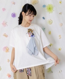 iS ScoLar | 562209：ストライプ×シフォン×天竺 異素材刺繍Tシャツ(Tシャツ/カットソー)