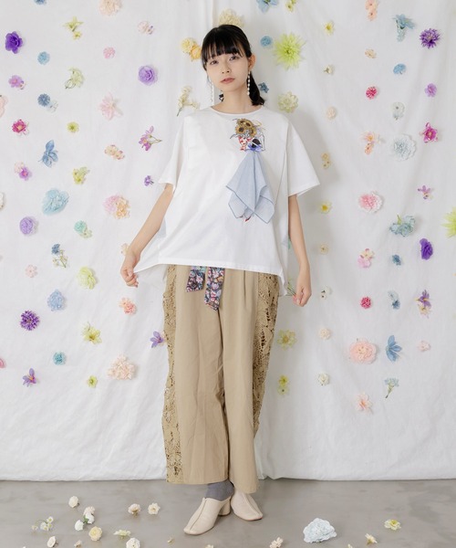 iS ScoLar(イズスカラー)の「562209:ストライプ×シフォン×天竺 異素材刺繍Tシャツ(Tシャツ/カットソー・レディース・チャコールグレー/オフホワイト/パープル・M)」の4枚目の写真