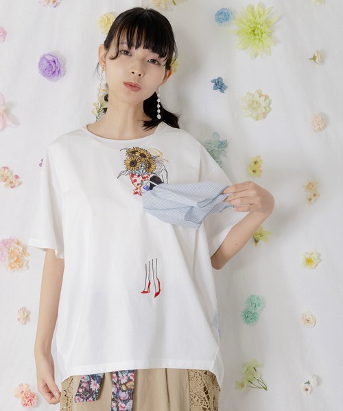 iS ScoLar(イズスカラー)の「562209:ストライプ×シフォン×天竺 異素材刺繍Tシャツ(Tシャツ/カットソー・レディース・チャコールグレー/オフホワイト/パープル・M)」の5枚目の写真