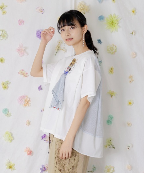iS ScoLar(イズスカラー)の「562209:ストライプ×シフォン×天竺 異素材刺繍Tシャツ(Tシャツ/カットソー・レディース・チャコールグレー/オフホワイト/パープル・M)」の6枚目の写真