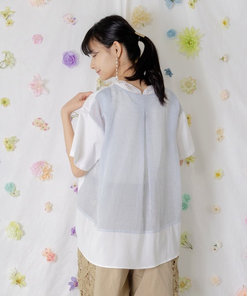 iS ScoLar(イズスカラー)の「562209:ストライプ×シフォン×天竺 異素材刺繍Tシャツ(Tシャツ/カットソー・レディース・チャコールグレー/オフホワイト/パープル・M)」の7枚目の写真