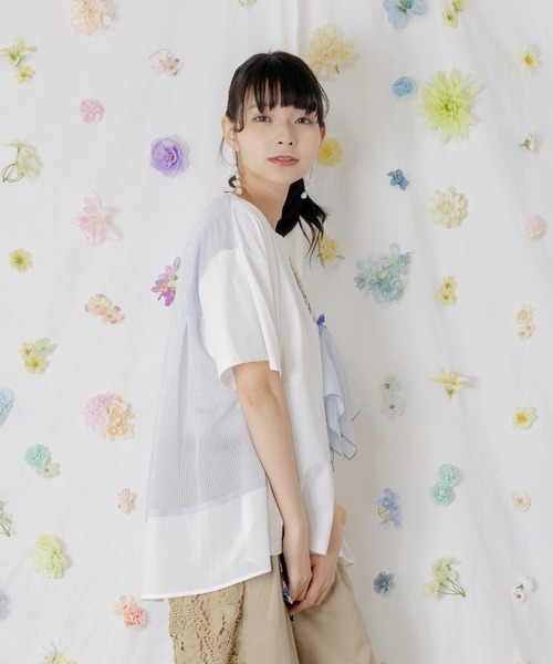 iS ScoLar(イズスカラー)の「562209:ストライプ×シフォン×天竺 異素材刺繍Tシャツ(Tシャツ/カットソー・レディース・チャコールグレー/オフホワイト/パープル・M)」の8枚目の写真