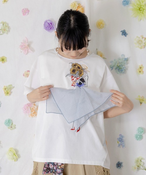 iS ScoLar(イズスカラー)の「562209:ストライプ×シフォン×天竺 異素材刺繍Tシャツ(Tシャツ/カットソー・レディース・チャコールグレー/オフホワイト/パープル・M)」の9枚目の写真