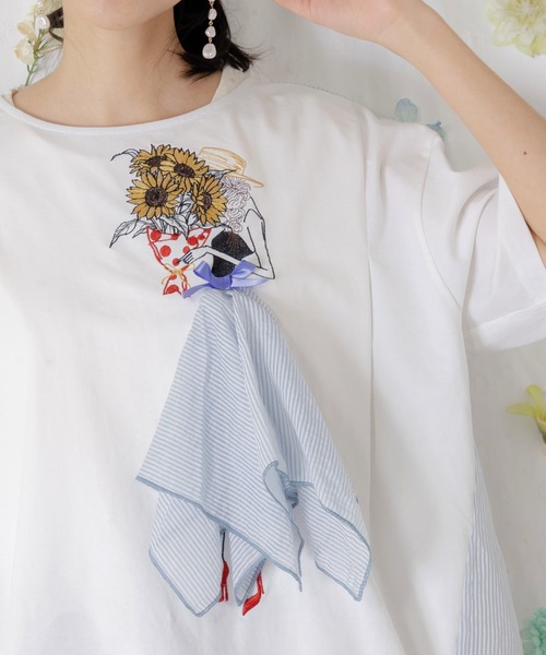 iS ScoLar(イズスカラー)の「562209:ストライプ×シフォン×天竺 異素材刺繍Tシャツ(Tシャツ/カットソー・レディース・チャコールグレー/オフホワイト/パープル・M)」の10枚目の写真