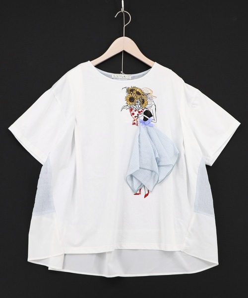 iS ScoLar(イズスカラー)の「562209:ストライプ×シフォン×天竺 異素材刺繍Tシャツ(Tシャツ/カットソー・レディース・チャコールグレー/オフホワイト/パープル・M)」の11枚目の写真