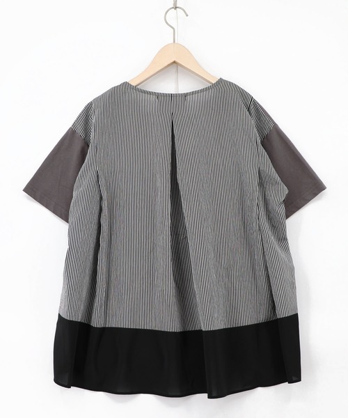 iS ScoLar(イズスカラー)の「562209:ストライプ×シフォン×天竺 異素材刺繍Tシャツ(Tシャツ/カットソー・レディース・チャコールグレー/オフホワイト/パープル・M)」の14枚目の写真