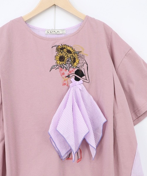 iS ScoLar(イズスカラー)の「562209:ストライプ×シフォン×天竺 異素材刺繍Tシャツ(Tシャツ/カットソー・レディース・チャコールグレー/オフホワイト/パープル・M)」の18枚目の写真