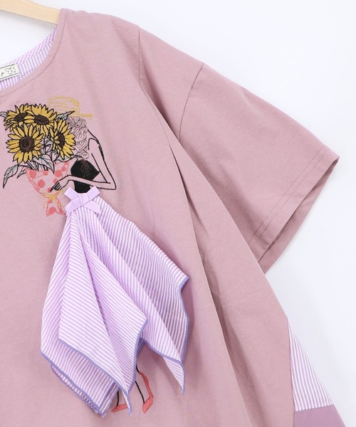 iS ScoLar(イズスカラー)の「562209:ストライプ×シフォン×天竺 異素材刺繍Tシャツ(Tシャツ/カットソー・レディース・チャコールグレー/オフホワイト/パープル・M)」の19枚目の写真