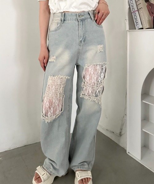 CLEA(クレア)の「レースダメージデニム(デニムパンツ・レディース・ブルー・M/L)」の1枚目の写真