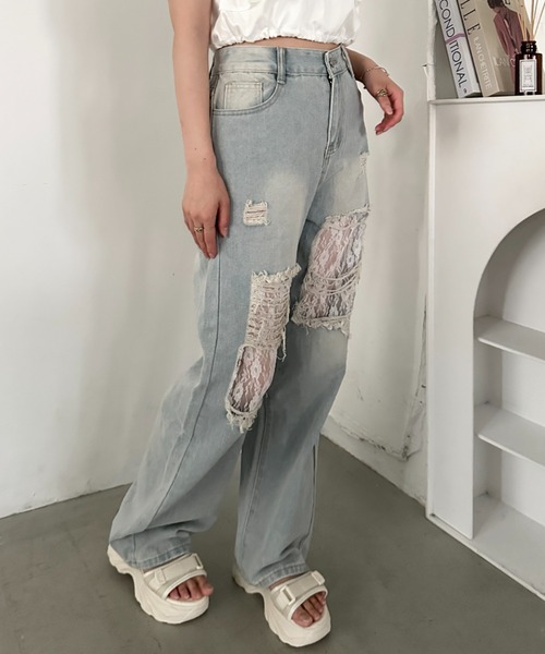 CLEA(クレア)の「レースダメージデニム(デニムパンツ・レディース・ブルー・M/L)」の3枚目の写真