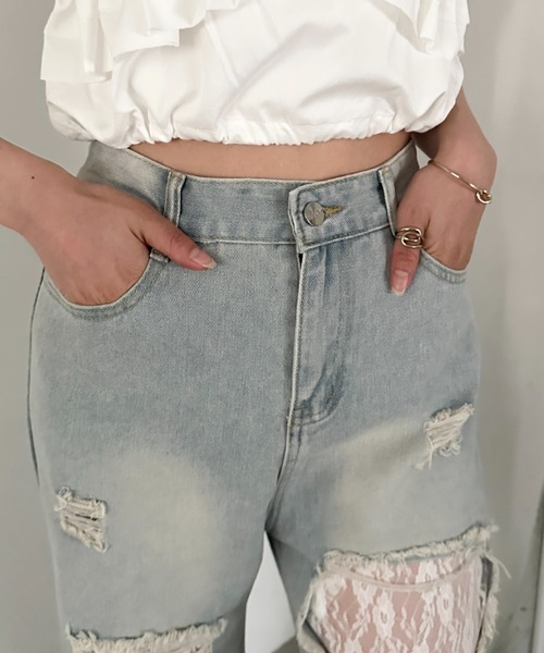 CLEA(クレア)の「レースダメージデニム(デニムパンツ・レディース・ブルー・M/L)」の7枚目の写真