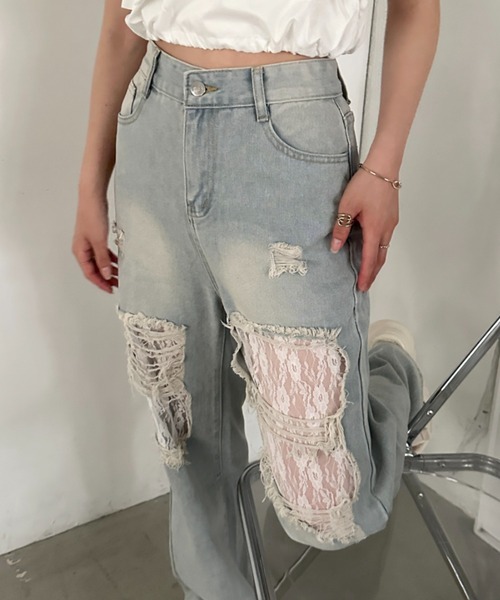CLEA(クレア)の「レースダメージデニム(デニムパンツ・レディース・ブルー・M/L)」の4枚目の写真