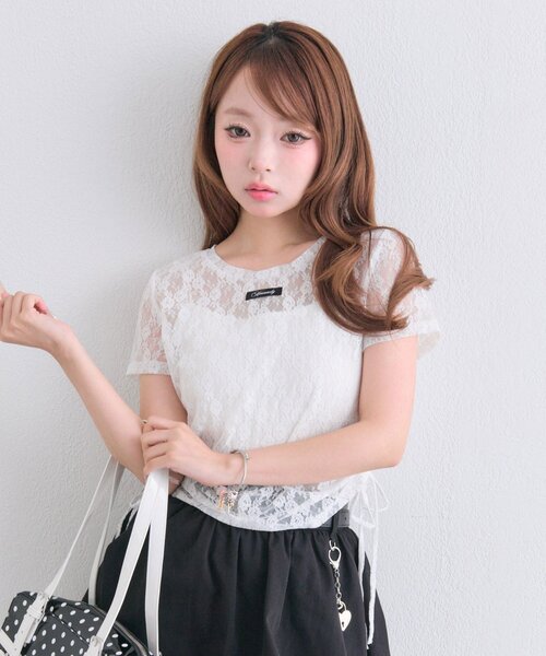 OLIVE des OLIVE（オリーブデオリーブ）の「レースドロストTシャツ（Tシャツ/カットソー・レディース・オフホワイト/ブラック/ピンク・FREE）」の21枚目の写真