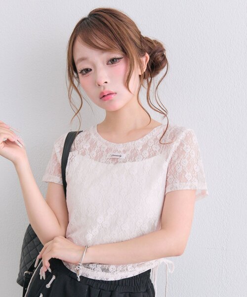 OLIVE des OLIVE（オリーブデオリーブ）の「レースドロストTシャツ（Tシャツ/カットソー・レディース・オフホワイト/ブラック/ピンク・FREE）」の4枚目の写真