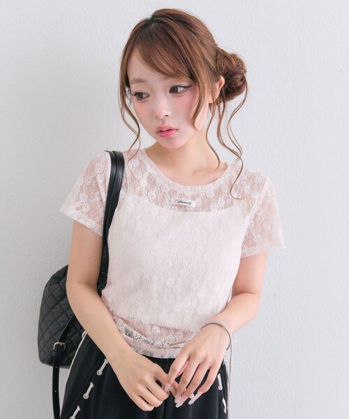 OLIVE des OLIVE（オリーブデオリーブ）の「レースドロストTシャツ（Tシャツ/カットソー・レディース・オフホワイト/ブラック/ピンク・FREE）」の5枚目の写真