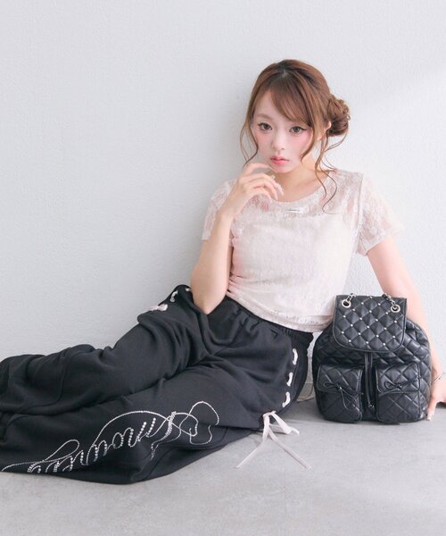 OLIVE des OLIVE（オリーブデオリーブ）の「レースドロストTシャツ（Tシャツ/カットソー・レディース・オフホワイト/ブラック/ピンク・FREE）」の6枚目の写真