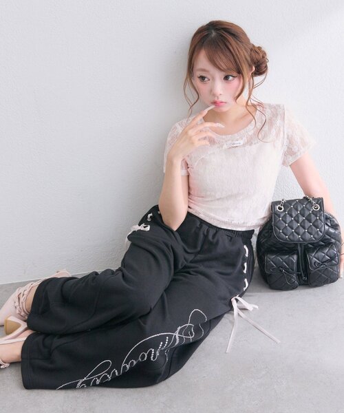 OLIVE des OLIVE（オリーブデオリーブ）の「レースドロストTシャツ（Tシャツ/カットソー・レディース・オフホワイト/ブラック/ピンク・FREE）」の7枚目の写真