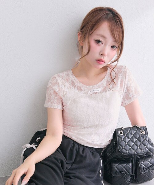OLIVE des OLIVE（オリーブデオリーブ）の「レースドロストTシャツ（Tシャツ/カットソー・レディース・オフホワイト/ブラック/ピンク・FREE）」の8枚目の写真