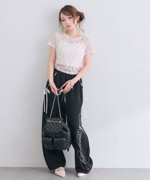 OLIVE des OLIVE（オリーブデオリーブ）の「レースドロストTシャツ（Tシャツ/カットソー・レディース・オフホワイト/ブラック/ピンク・FREE）」の9枚目の写真
