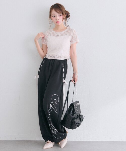 OLIVE des OLIVE（オリーブデオリーブ）の「レースドロストTシャツ（Tシャツ/カットソー・レディース・オフホワイト/ブラック/ピンク・FREE）」の10枚目の写真