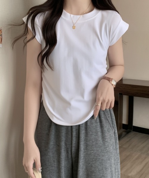 2ly2(トゥーリートゥー)の「サイドギャザーデザインフレンチスリーブトップス レディース カットソー(Tシャツ/カットソー・レディース・ダークグレー/キャメル/ホワイト/ブラック・FREE)」の21枚目の写真