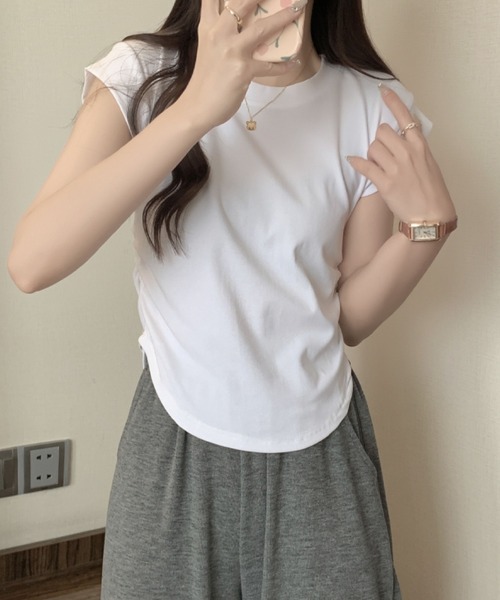 2ly2(トゥーリートゥー)の「サイドギャザーデザインフレンチスリーブトップス レディース カットソー(Tシャツ/カットソー・レディース・ダークグレー/キャメル/ホワイト/ブラック・FREE)」の17枚目の写真