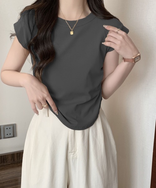 2ly2(トゥーリートゥー)の「サイドギャザーデザインフレンチスリーブトップス レディース カットソー(Tシャツ/カットソー・レディース・ダークグレー/キャメル/ホワイト/ブラック・FREE)」の13枚目の写真