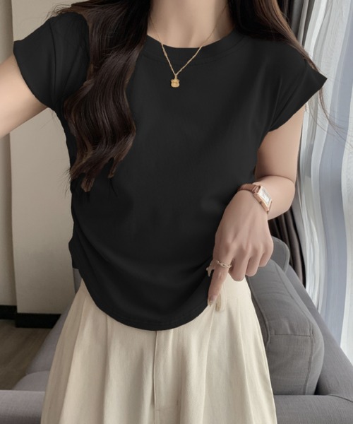 2ly2(トゥーリートゥー)の「サイドギャザーデザインフレンチスリーブトップス レディース カットソー(Tシャツ/カットソー・レディース・ダークグレー/キャメル/ホワイト/ブラック・FREE)」の12枚目の写真