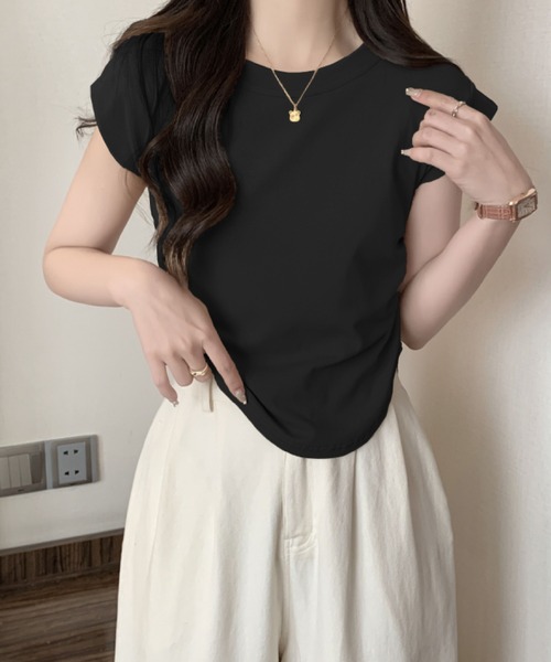 2ly2(トゥーリートゥー)の「サイドギャザーデザインフレンチスリーブトップス レディース カットソー(Tシャツ/カットソー・レディース・ダークグレー/キャメル/ホワイト/ブラック・FREE)」の15枚目の写真