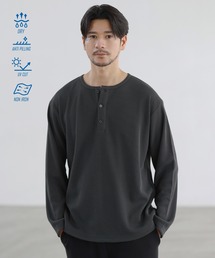 【吸水速乾、UVカット、形態安定、通気性、抗ピリング】機能性エアドライワッフルヘンリーネック長袖カットソー