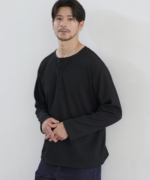 SPU(スプ)の「【吸水速乾、UVカット、形態安定、通気性、抗ピリング】機能性エアドライワッフルヘンリーネック長袖カットソー(Tシャツ/カットソー・メンズ・オフホワイト/ブラック/グレー・S/M/L/XL)」の16枚目の写真