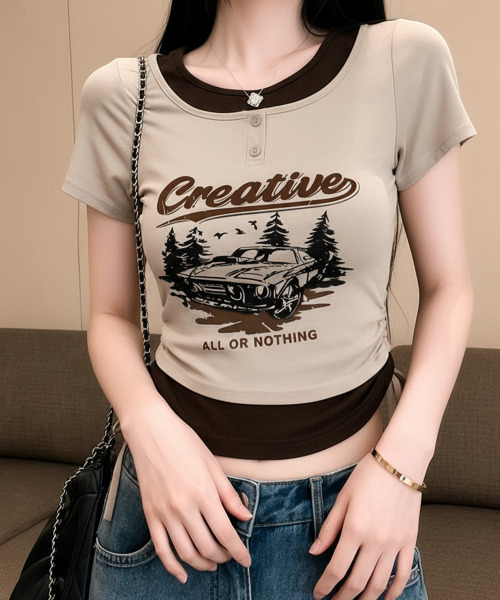 VIVID LADY(ビビッドレディー)の「レイヤード風 ドロスト クロップド 半袖Tシャツ(Tシャツ/カットソー・レディース・ブラック/チャコールグレー/ベージュ/ブラウン/ホワイト・FREE)」の5枚目の写真